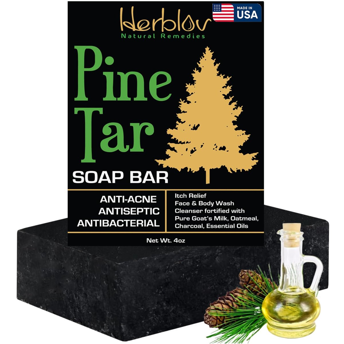 All-Natürliche Pine-Tar-Seife 4oz – Reinigende Anti-Akne-, Ekzem-, Psoriasis- und Juckreiz-Linderung – Gesichts- und Körperwäsche mit reiner Ziegenmilch, Haferflocken, Holzkohle und ätherischen Ölen – Hergestellt in den USA