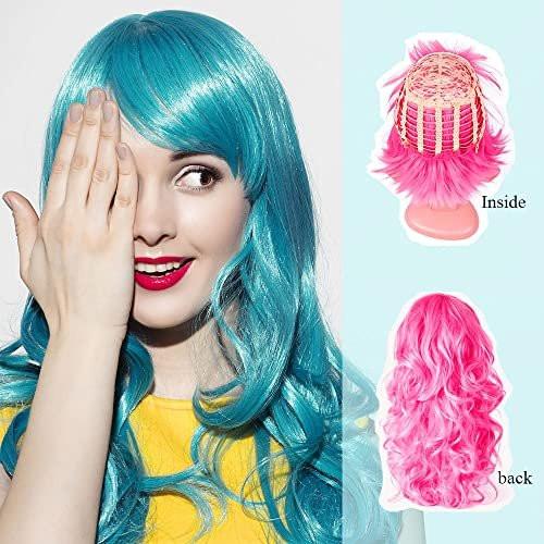 DIYI Lange bunte Perücken 6er-Pack Wellen-Party-Perücken Lockige Farbperücken für Frauen Junggesellinnenparty-Dekorationen Zubehör Geschenke – inklusive 6er-Pack Neon-Partybrillen (Blau, Weiß, Grün, Rot, Lila, Pink)