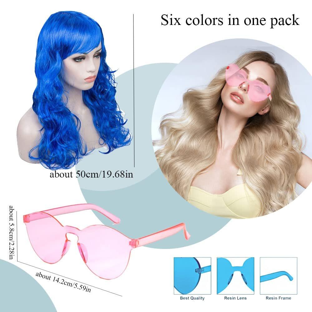 DIYI Lange bunte Perücken 6er-Pack Wellen-Party-Perücken Lockige Farbperücken für Frauen Junggesellinnenparty-Dekorationen Zubehör Geschenke – inklusive 6er-Pack Neon-Partybrillen (Blau, Weiß, Grün, Rot, Lila, Pink)