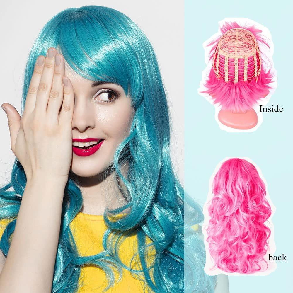 DIYI Lange bunte Perücken 6er-Pack Wellen-Party-Perücken Lockige Farbperücken für Frauen Junggesellinnenparty-Dekorationen Zubehör Geschenke – inklusive 6er-Pack Neon-Partybrillen (Blau, Weiß, Grün, Rot, Lila, Pink)