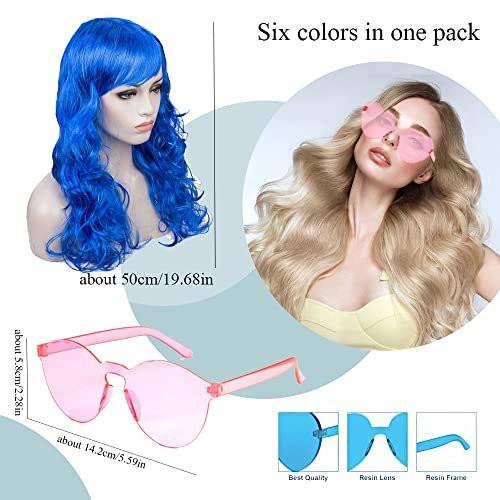 DIYI Lange bunte Perücken 6er-Pack Wellen-Party-Perücken Lockige Farbperücken für Frauen Junggesellinnenparty-Dekorationen Zubehör Geschenke – inklusive 6er-Pack Neon-Partybrillen (Blau, Weiß, Grün, Rot, Lila, Pink)