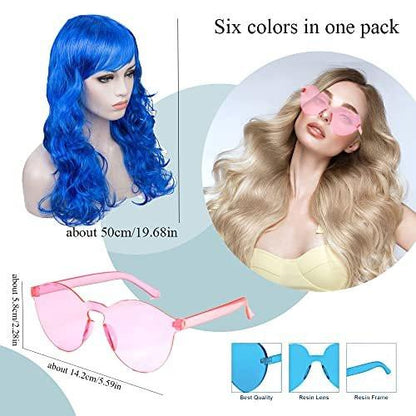 DIYI Lange bunte Perücken 6er-Pack Wellen-Party-Perücken Lockige Farbperücken für Frauen Junggesellinnenparty-Dekorationen Zubehör Geschenke – inklusive 6er-Pack Neon-Partybrillen (Blau, Weiß, Grün, Rot, Lila, Pink)
