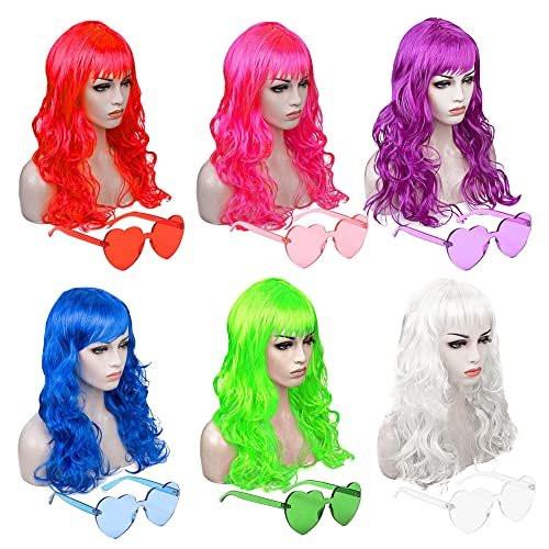 DIYI Lange bunte Perücken 6er-Pack Wellen-Party-Perücken Lockige Farbperücken für Frauen Junggesellinnenparty-Dekorationen Zubehör Geschenke – inklusive 6er-Pack Neon-Partybrillen (Blau, Weiß, Grün, Rot, Lila, Pink)