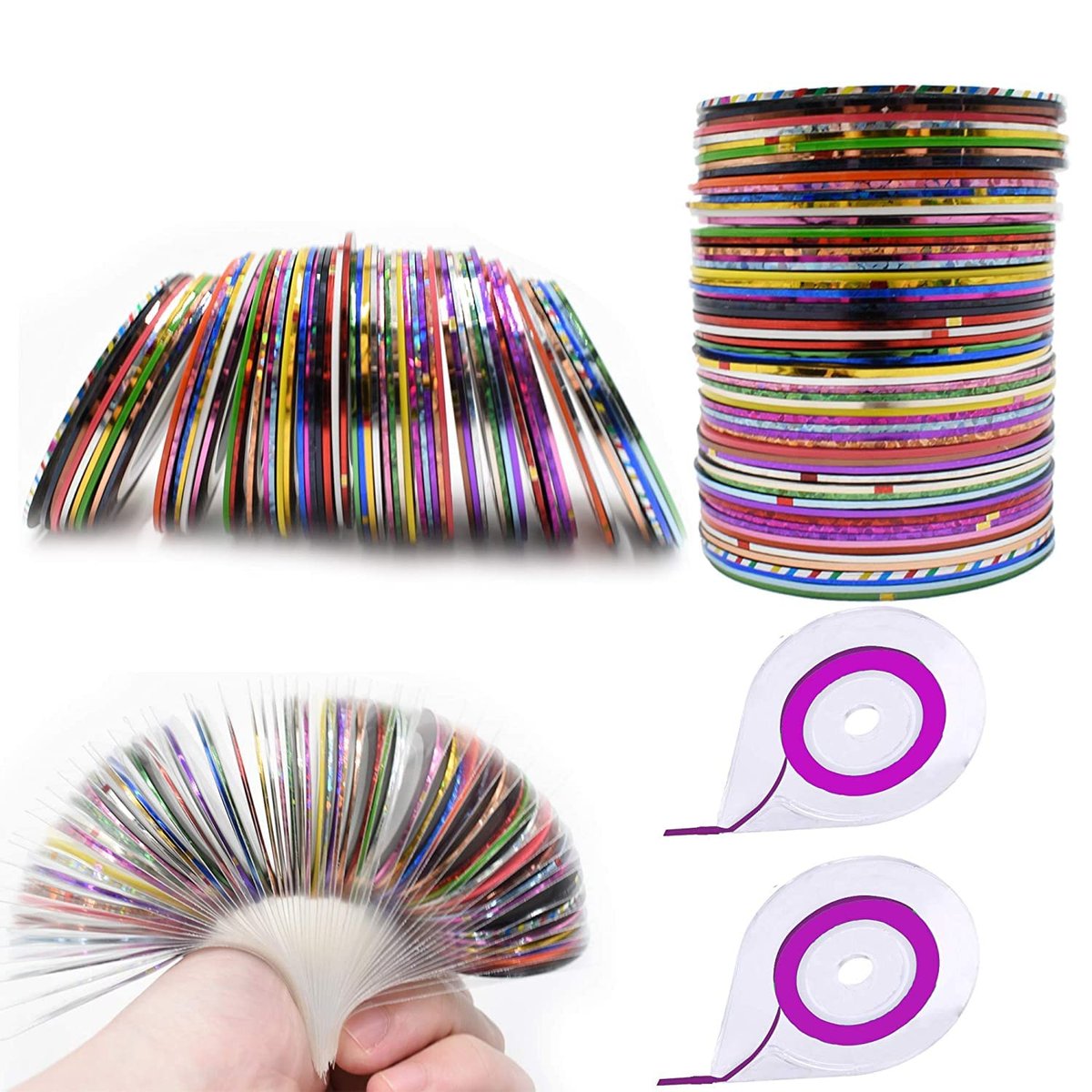 MYUBWTF 60 Farben Nagel-Streifen-Tape-Linien, 2 Stück Nagelbandspender, kostenloser Bandroller-Spender, Streifen-Tape-Linien Nagelkunst-Dekorationsaufkleber, DIY Nagelspitzen