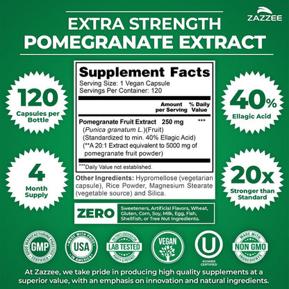 Zazzee Extra Starkes Granatapfel 20:1 Extrakt, 40% Ellagsäure, 120 Vegane Kapseln, 4-Monats-Vorrat, Punica Granatum, Antioxidans & Zelluläre Gesundheitsunterstützung, Non-GMO, Hergestellt in den USA