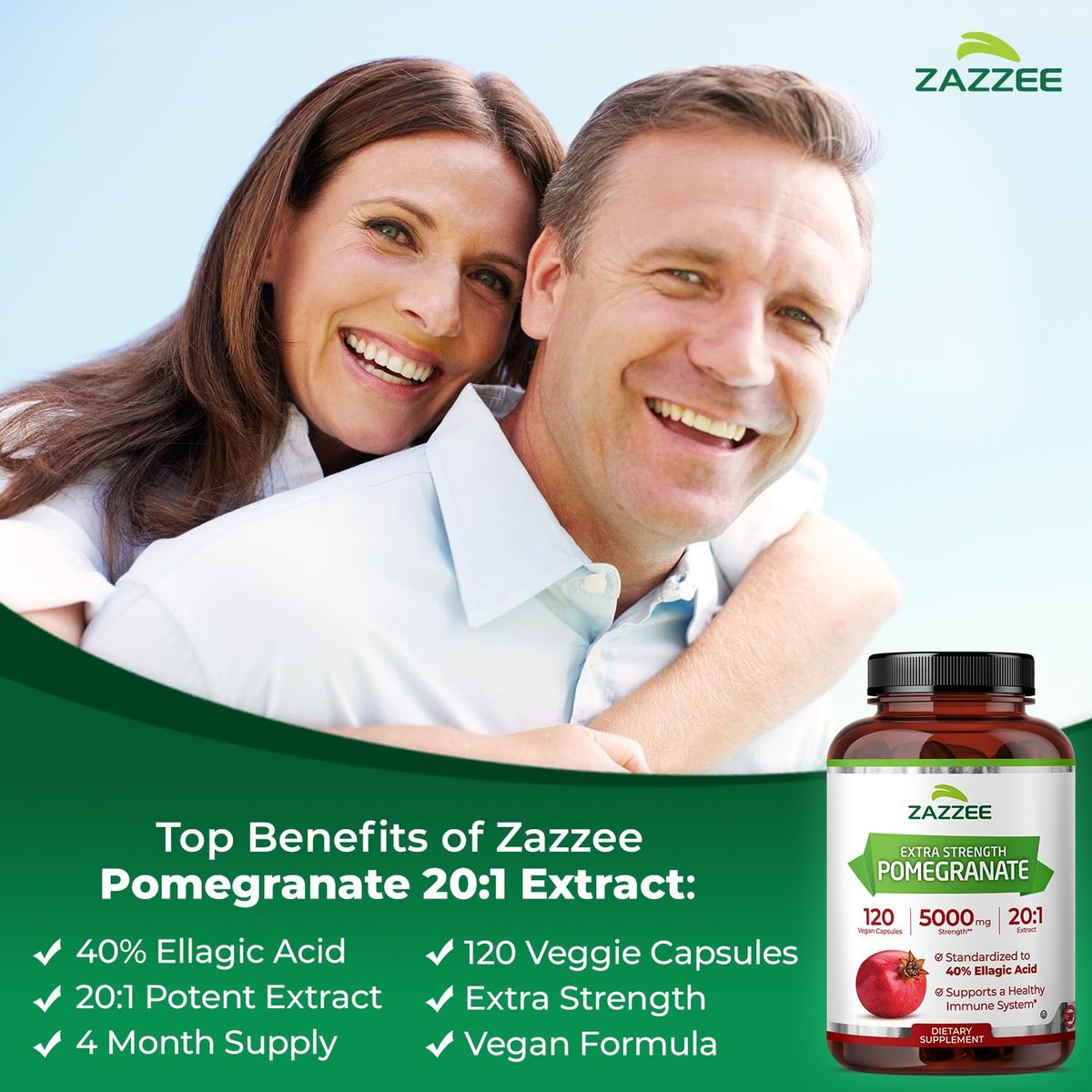 Zazzee Extra Starkes Granatapfel 20:1 Extrakt, 40% Ellagsäure, 120 Vegane Kapseln, 4-Monats-Vorrat, Punica Granatum, Antioxidans & Zelluläre Gesundheitsunterstützung, Non-GMO, Hergestellt in den USA