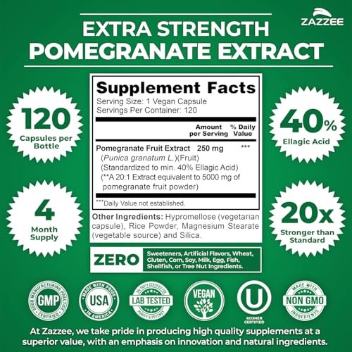 Zazzee Extra Starkes Granatapfel 20:1 Extrakt, 40% Ellagsäure, 120 Vegane Kapseln, 4-Monats-Vorrat, Punica Granatum, Antioxidans & Zelluläre Gesundheitsunterstützung, Non-GMO, Hergestellt in den USA