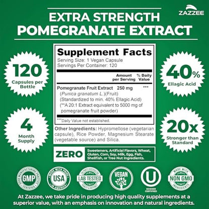 Zazzee Extra Starkes Granatapfel 20:1 Extrakt, 40% Ellagsäure, 120 Vegane Kapseln, 4-Monats-Vorrat, Punica Granatum, Antioxidans & Zelluläre Gesundheitsunterstützung, Non-GMO, Hergestellt in den USA