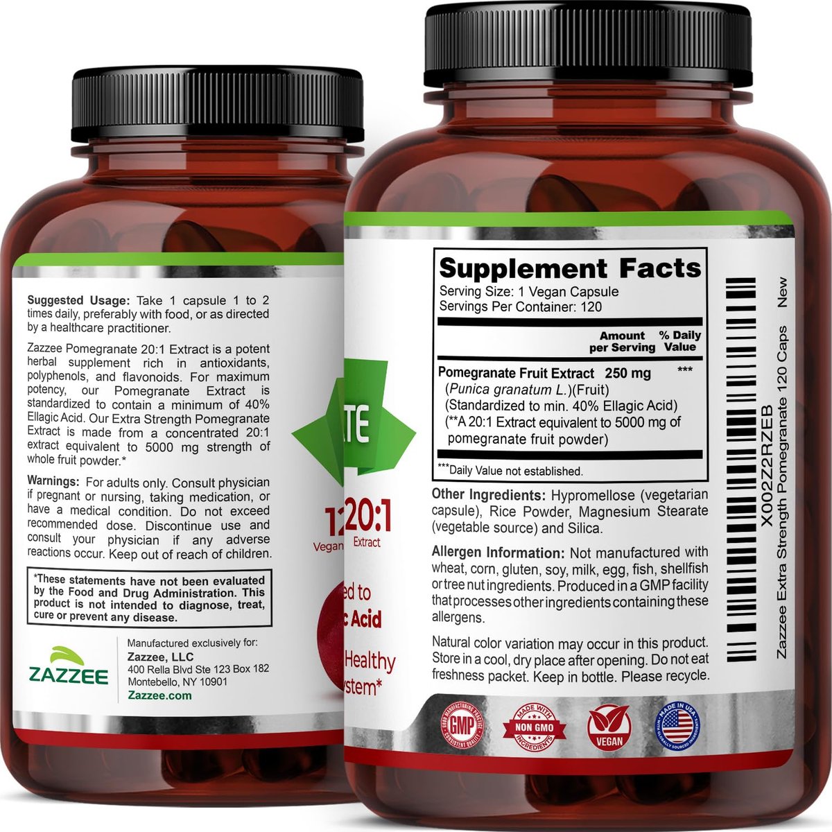 Zazzee Extra Starkes Granatapfel 20:1 Extrakt, 40% Ellagsäure, 120 Vegane Kapseln, 4-Monats-Vorrat, Punica Granatum, Antioxidans & Zelluläre Gesundheitsunterstützung, Non-GMO, Hergestellt in den USA