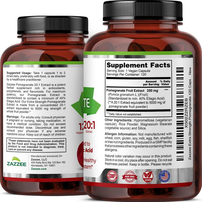 Zazzee Extra Starkes Granatapfel 20:1 Extrakt, 40% Ellagsäure, 120 Vegane Kapseln, 4-Monats-Vorrat, Punica Granatum, Antioxidans & Zelluläre Gesundheitsunterstützung, Non-GMO, Hergestellt in den USA