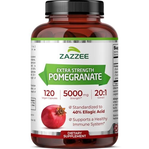Zazzee Extra Starkes Granatapfel 20:1 Extrakt, 40% Ellagsäure, 120 Vegane Kapseln, 4-Monats-Vorrat, Punica Granatum, Antioxidans & Zelluläre Gesundheitsunterstützung, Non-GMO, Hergestellt in den USA
