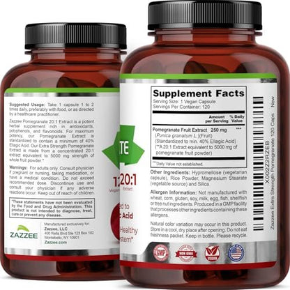 Zazzee Extra Starkes Granatapfel 20:1 Extrakt, 40% Ellagsäure, 120 Vegane Kapseln, 4-Monats-Vorrat, Punica Granatum, Antioxidans & Zelluläre Gesundheitsunterstützung, Non-GMO, Hergestellt in den USA
