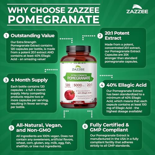 Zazzee Extra Starkes Granatapfel 20:1 Extrakt, 40% Ellagsäure, 120 Vegane Kapseln, 4-Monats-Vorrat, Punica Granatum, Antioxidans & Zelluläre Gesundheitsunterstützung, Non-GMO, Hergestellt in den USA