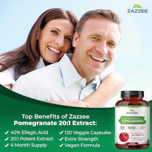 Zazzee Extra Starkes Granatapfel 20:1 Extrakt, 40% Ellagsäure, 120 Vegane Kapseln, 4-Monats-Vorrat, Punica Granatum, Antioxidans & Zelluläre Gesundheitsunterstützung, Non-GMO, Hergestellt in den USA