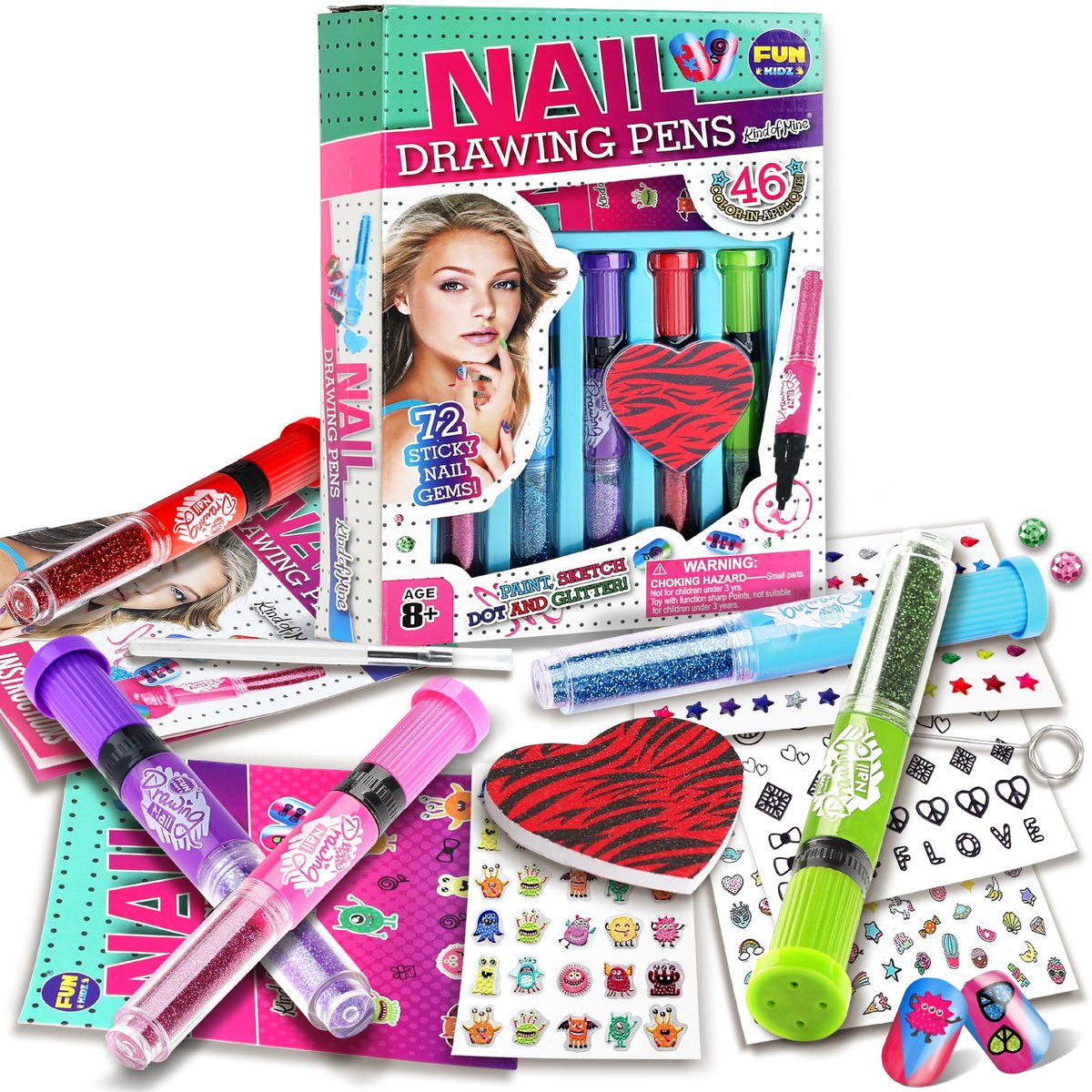 Craft Nail Pens Set für Kinder ab 7 Jahren – FunKidz Nagelset mit Nagellack, Glitzerstickern und temporärem Make-up für Mädchen, Partys und Geschenke
