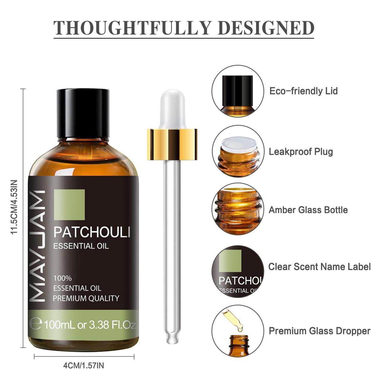 Patchouli ätherisches Öl, MAYJAM 100 ml - Für Aromatherapie-Diffuser, Yoga, Massage, Bad und Hautpflege