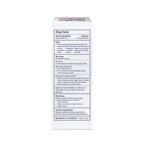 Aquaphor Juckreiz Lindernde Salbe, Maximale Stärke 1% Hydrocortison, Lindert Juckreiz bei Hautirritationen, Insektenstichen, Psoriasis, Hautausschlägen, Ekzemen und Gift-Efeu, 57 g