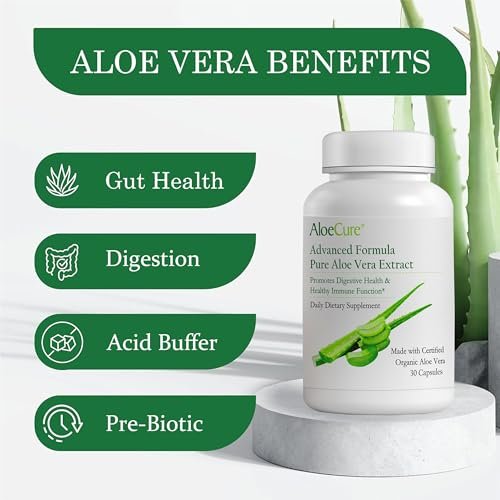 AloeCure Aloe Vera Kapseln – Mit Bio-Aloe Vera zur sanften Unterstützung der Darmgesundheit & Verdauung, Magensäure-Puffer, natürliches Immunsupplement, Aloin-frei, 30 Kapseln à 300 mg
