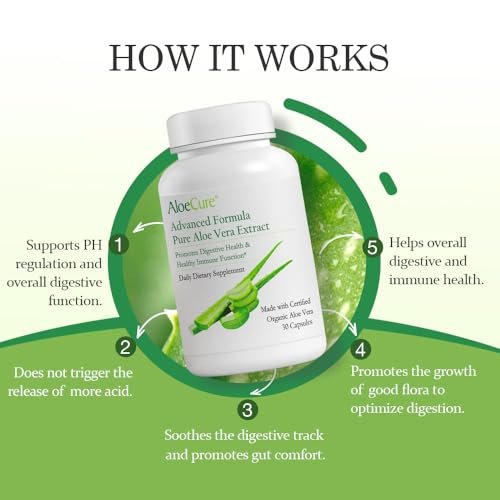 AloeCure Aloe Vera Kapseln – Mit Bio-Aloe Vera zur sanften Unterstützung der Darmgesundheit & Verdauung, Magensäure-Puffer, natürliches Immunsupplement, Aloin-frei, 30 Kapseln à 300 mg