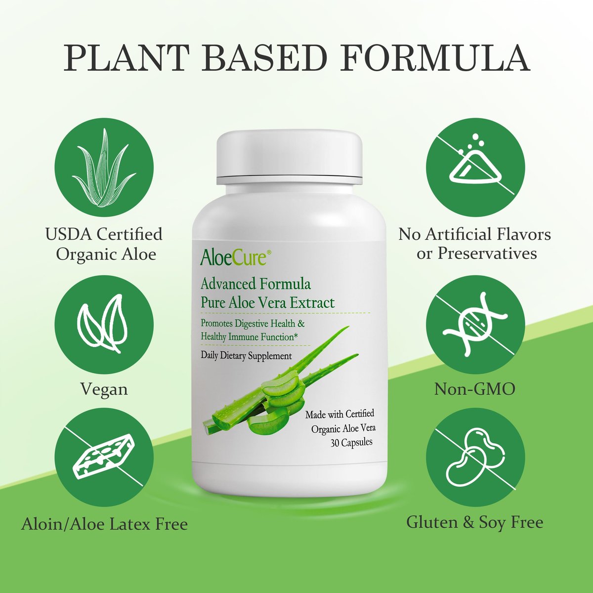 AloeCure Aloe Vera Kapseln – Mit Bio-Aloe Vera zur sanften Unterstützung der Darmgesundheit & Verdauung, Magensäure-Puffer, natürliches Immunsupplement, Aloin-frei, 30 Kapseln à 300 mg