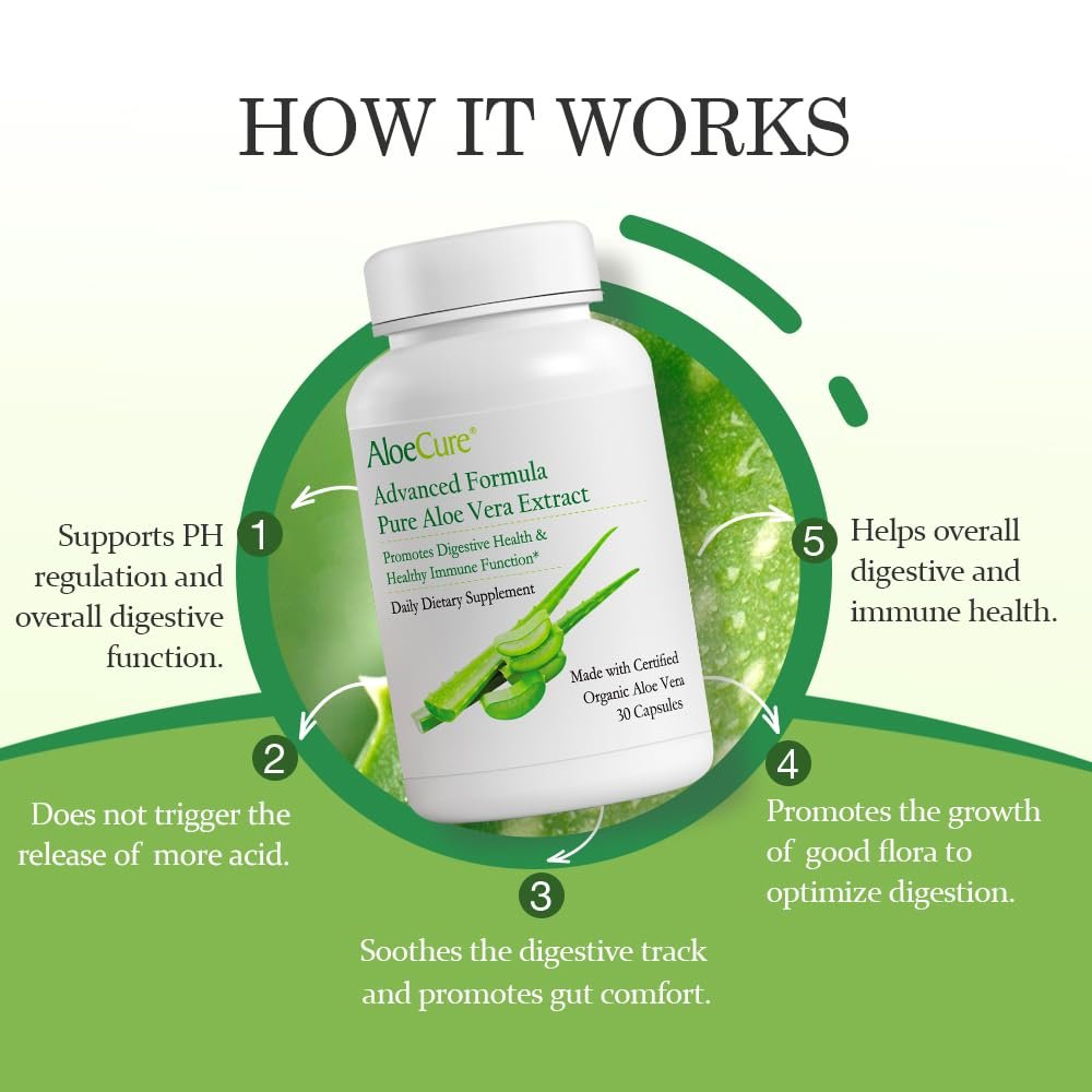 AloeCure Aloe Vera Kapseln – Mit Bio-Aloe Vera zur sanften Unterstützung der Darmgesundheit & Verdauung, Magensäure-Puffer, natürliches Immunsupplement, Aloin-frei, 30 Kapseln à 300 mg