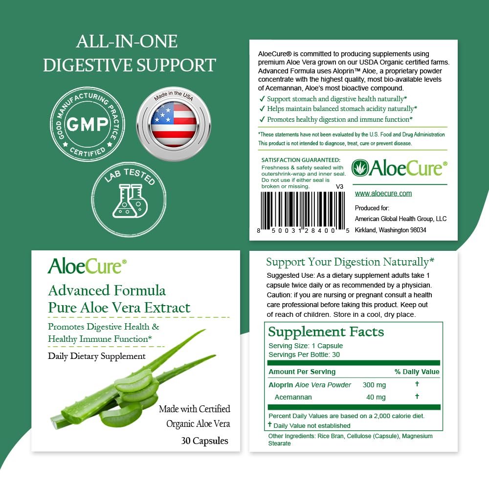AloeCure Aloe Vera Kapseln – Mit Bio-Aloe Vera zur sanften Unterstützung der Darmgesundheit & Verdauung, Magensäure-Puffer, natürliches Immunsupplement, Aloin-frei, 30 Kapseln à 300 mg