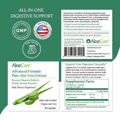 AloeCure Aloe Vera Kapseln – Mit Bio-Aloe Vera zur sanften Unterstützung der Darmgesundheit & Verdauung, Magensäure-Puffer, natürliches Immunsupplement, Aloin-frei, 30 Kapseln à 300 mg