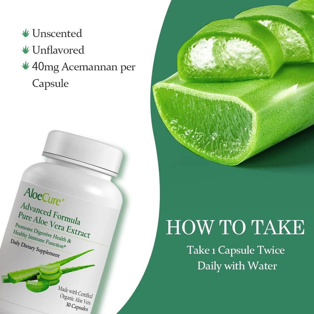 AloeCure Aloe Vera Kapseln – Mit Bio-Aloe Vera zur sanften Unterstützung der Darmgesundheit & Verdauung, Magensäure-Puffer, natürliches Immunsupplement, Aloin-frei, 30 Kapseln à 300 mg