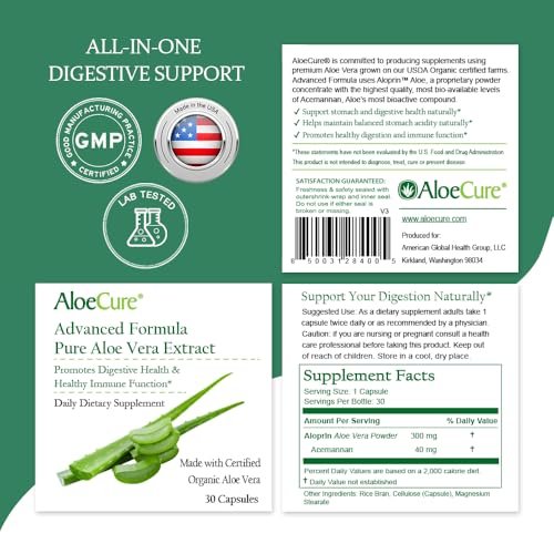 AloeCure Aloe Vera Kapseln – Mit Bio-Aloe Vera zur sanften Unterstützung der Darmgesundheit & Verdauung, Magensäure-Puffer, natürliches Immunsupplement, Aloin-frei, 30 Kapseln à 300 mg