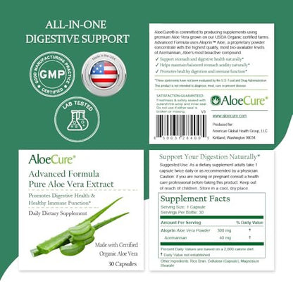 AloeCure Aloe Vera Kapseln – Mit Bio-Aloe Vera zur sanften Unterstützung der Darmgesundheit & Verdauung, Magensäure-Puffer, natürliches Immunsupplement, Aloin-frei, 30 Kapseln à 300 mg