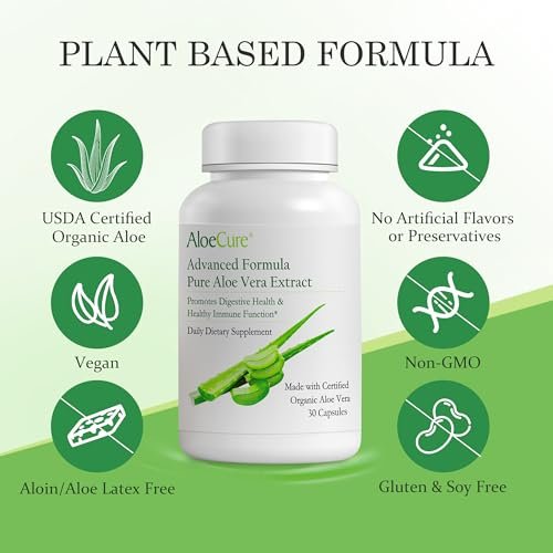 AloeCure Aloe Vera Kapseln – Mit Bio-Aloe Vera zur sanften Unterstützung der Darmgesundheit & Verdauung, Magensäure-Puffer, natürliches Immunsupplement, Aloin-frei, 30 Kapseln à 300 mg