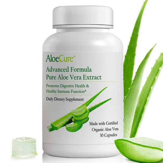 AloeCure Aloe Vera Kapseln – Mit Bio-Aloe Vera zur sanften Unterstützung der Darmgesundheit & Verdauung, Magensäure-Puffer, natürliches Immunsupplement, Aloin-frei, 30 Kapseln à 300 mg