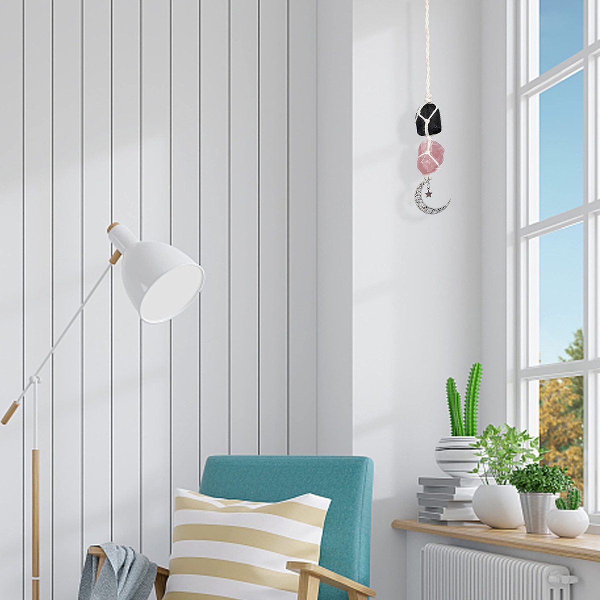 BOHO GARDEN Hängender Auto-Anhänger - Schwarzer Turmalin & Rosenquarz - Mond-Anhänger, Heilende Kristall-Accessoires, Rückspiegel-Dekoration - Erdung, Selbstvertrauen, Schutz, Liebe, Selbstwert, Energie