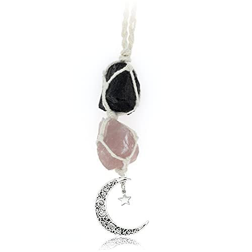 BOHO GARDEN Hängender Auto-Anhänger - Schwarzer Turmalin & Rosenquarz - Mond-Anhänger, Heilende Kristall-Accessoires, Rückspiegel-Dekoration - Erdung, Selbstvertrauen, Schutz, Liebe, Selbstwert, Energie