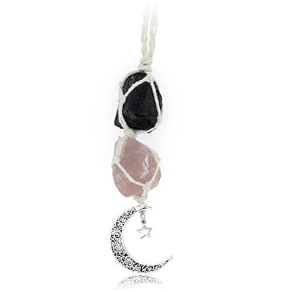 BOHO GARDEN Hängender Auto-Anhänger - Schwarzer Turmalin & Rosenquarz - Mond-Anhänger, Heilende Kristall-Accessoires, Rückspiegel-Dekoration - Erdung, Selbstvertrauen, Schutz, Liebe, Selbstwert, Energie