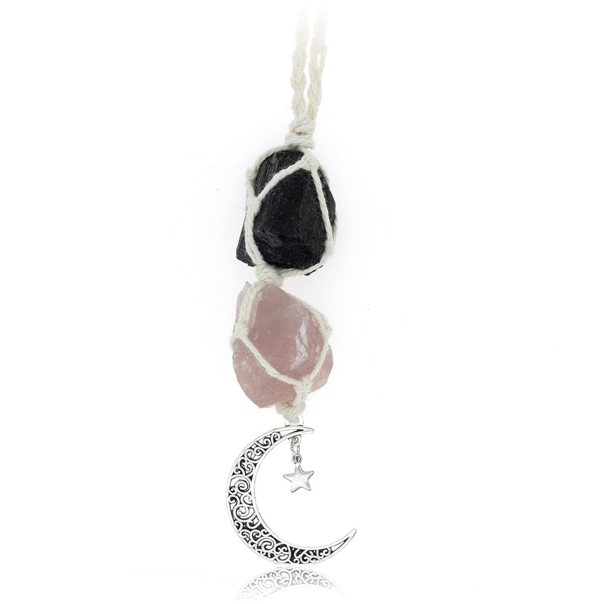 BOHO GARDEN Hängender Auto-Anhänger - Schwarzer Turmalin & Rosenquarz - Mond-Anhänger, Heilende Kristall-Accessoires, Rückspiegel-Dekoration - Erdung, Selbstvertrauen, Schutz, Liebe, Selbstwert, Energie
