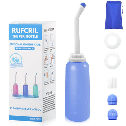RUFCRIL Peri-Flasche für Damen, tragbares Reise-Bidet mit Beutel, TPE-Material, kochbar, 500 ml mit 2 Dichtringen, unverzichtbar für die Wochenbettpflege, Hämorrhoidenbehandlung und Babypflege (Blau)