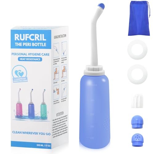 RUFCRIL Peri-Flasche für Damen, tragbares Reise-Bidet mit Beutel, TPE-Material, kochbar, 500 ml mit 2 Dichtringen, unverzichtbar für die Wochenbettpflege, Hämorrhoidenbehandlung und Babypflege (Blau)