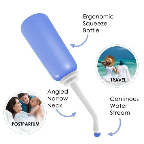RUFCRIL Peri-Flasche für Damen, tragbares Reise-Bidet mit Beutel, TPE-Material, kochbar, 500 ml mit 2 Dichtringen, unverzichtbar für die Wochenbettpflege, Hämorrhoidenbehandlung und Babypflege (Blau)