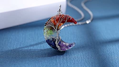 MAIBAOTA 7-Chakra Heilung Kristall Halskette – Gothic Halsschmuck für Frauen mit Mondsichel-Anhänger, natürlicher Reiki Quarz Edelstein, Hippie Hexen Schmuck Geschenk