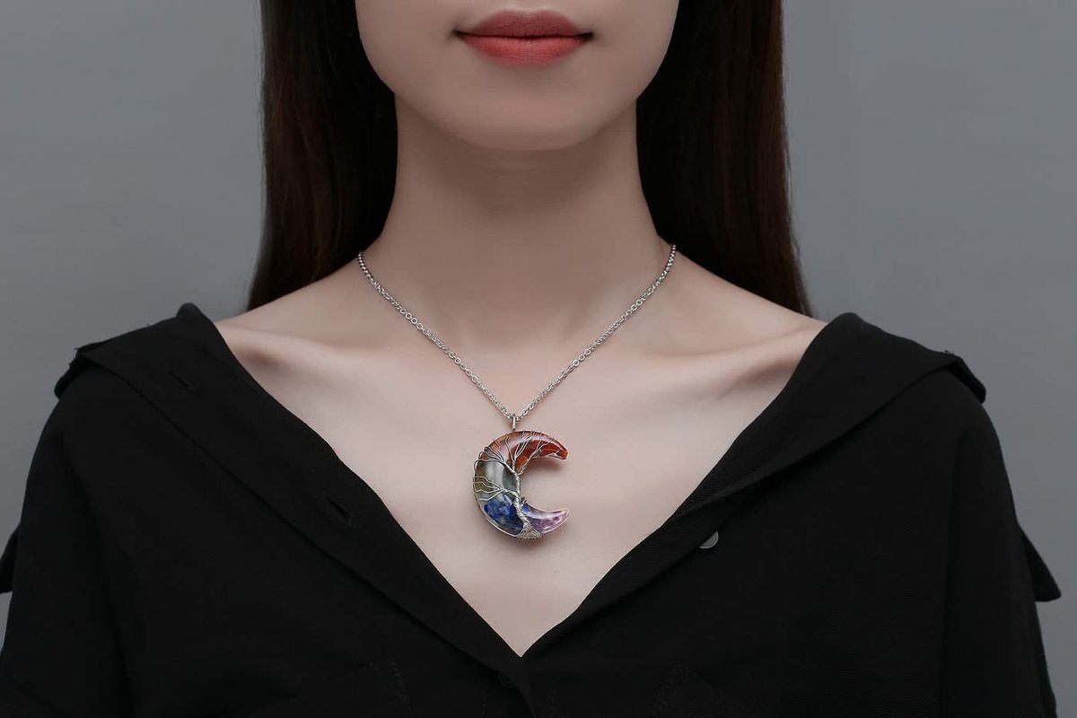 MAIBAOTA 7-Chakra Heilung Kristall Halskette – Gothic Halsschmuck für Frauen mit Mondsichel-Anhänger, natürlicher Reiki Quarz Edelstein, Hippie Hexen Schmuck Geschenk