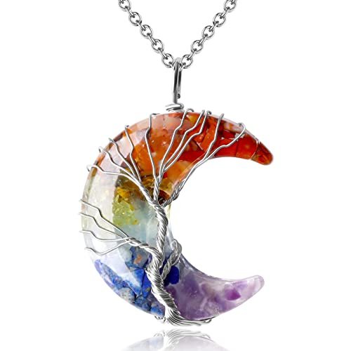MAIBAOTA 7-Chakra Heilung Kristall Halskette – Gothic Halsschmuck für Frauen mit Mondsichel-Anhänger, natürlicher Reiki Quarz Edelstein, Hippie Hexen Schmuck Geschenk