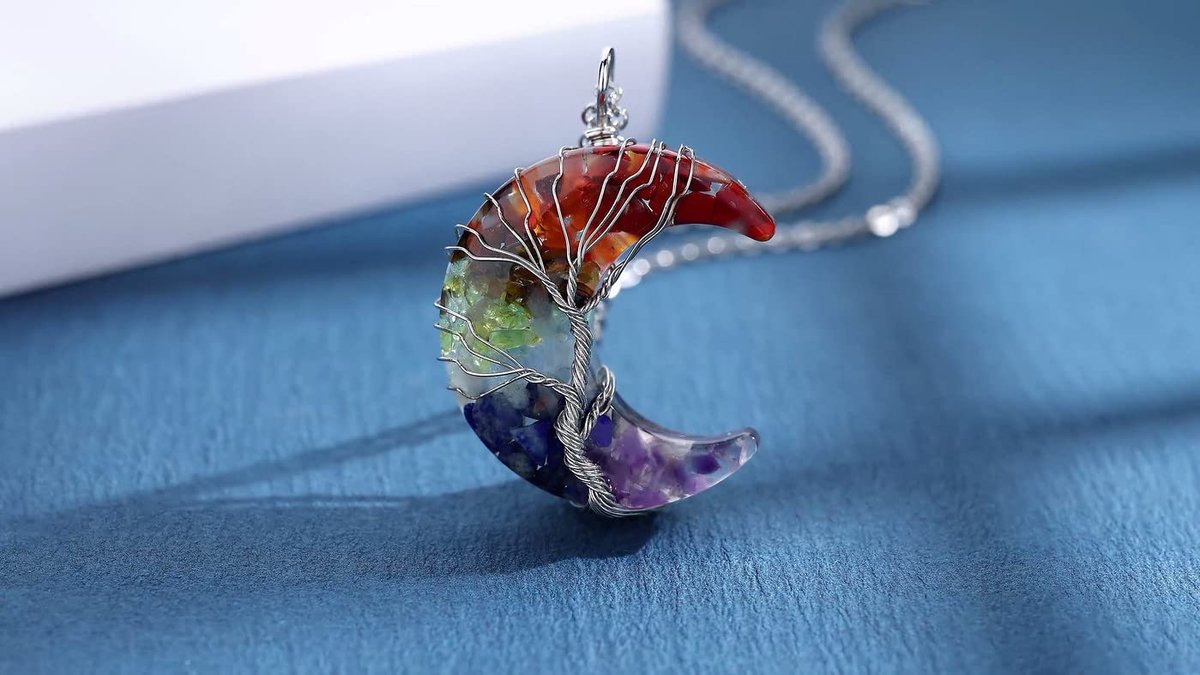 MAIBAOTA 7-Chakra Heilung Kristall Halskette – Gothic Halsschmuck für Frauen mit Mondsichel-Anhänger, natürlicher Reiki Quarz Edelstein, Hippie Hexen Schmuck Geschenk