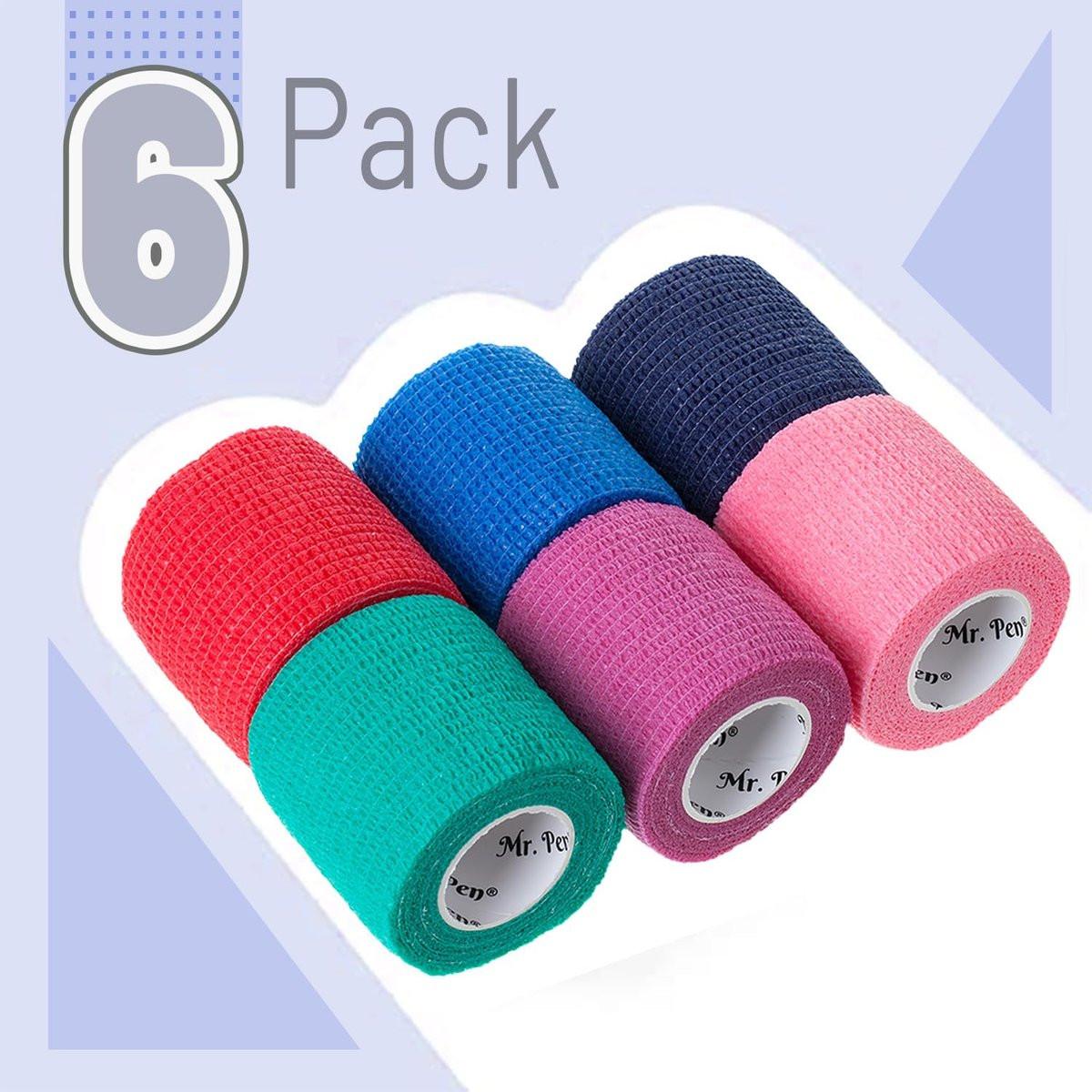 Mr. Pen Selbstklebender elastischer Verband, 2" x 5 Yards, 6er-Pack, bunte Farben – Ideale elastische Kohäsivbandage für Sport, Handgelenk, Knöchel und Tiere, selbsthaftend, hoch dehnbar zur Verletzungsunterstützung