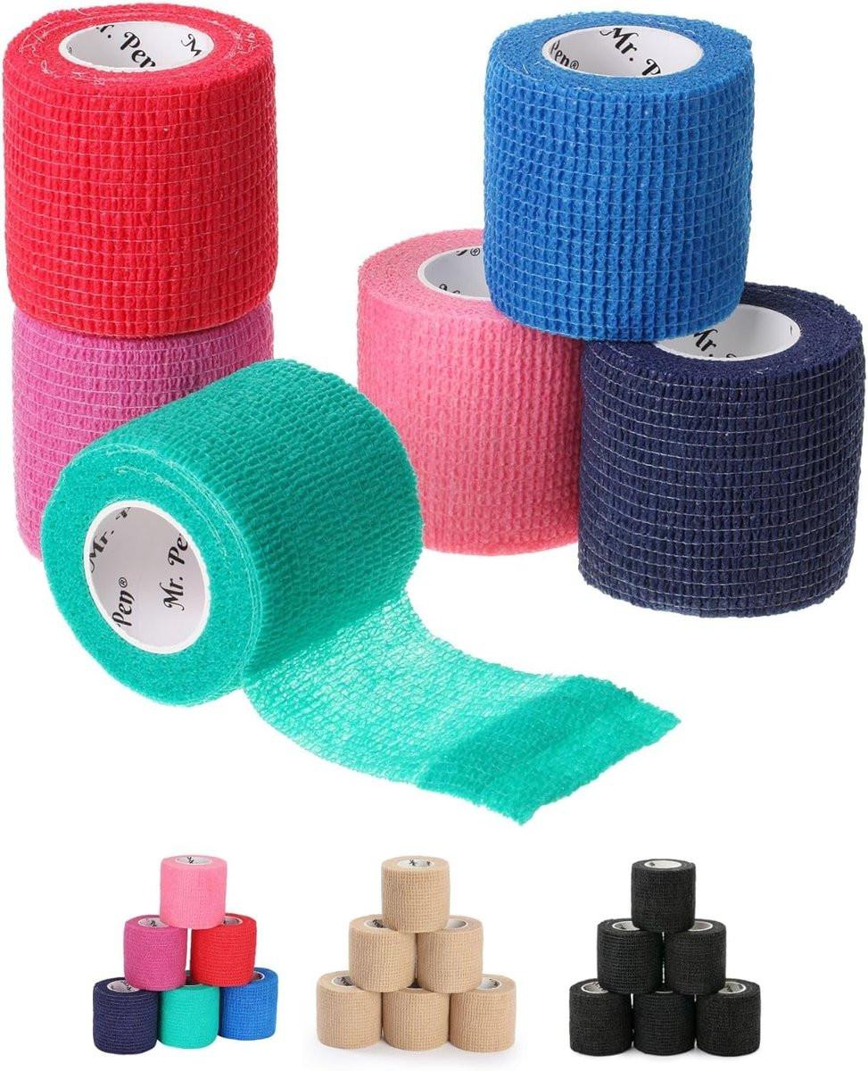 Mr. Pen Selbstklebender elastischer Verband, 2" x 5 Yards, 6er-Pack, bunte Farben – Ideale elastische Kohäsivbandage für Sport, Handgelenk, Knöchel und Tiere, selbsthaftend, hoch dehnbar zur Verletzungsunterstützung