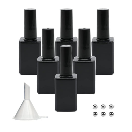 Agidea Leere Nagellackflaschen mit Pinsel, 15 ml Nachfüllbare Gel-Nagellackflaschen - Schwarz, Opaque Quadratisch Glas, UV-sicher mit Mischkugeln & Trichtern, 6er-Pack