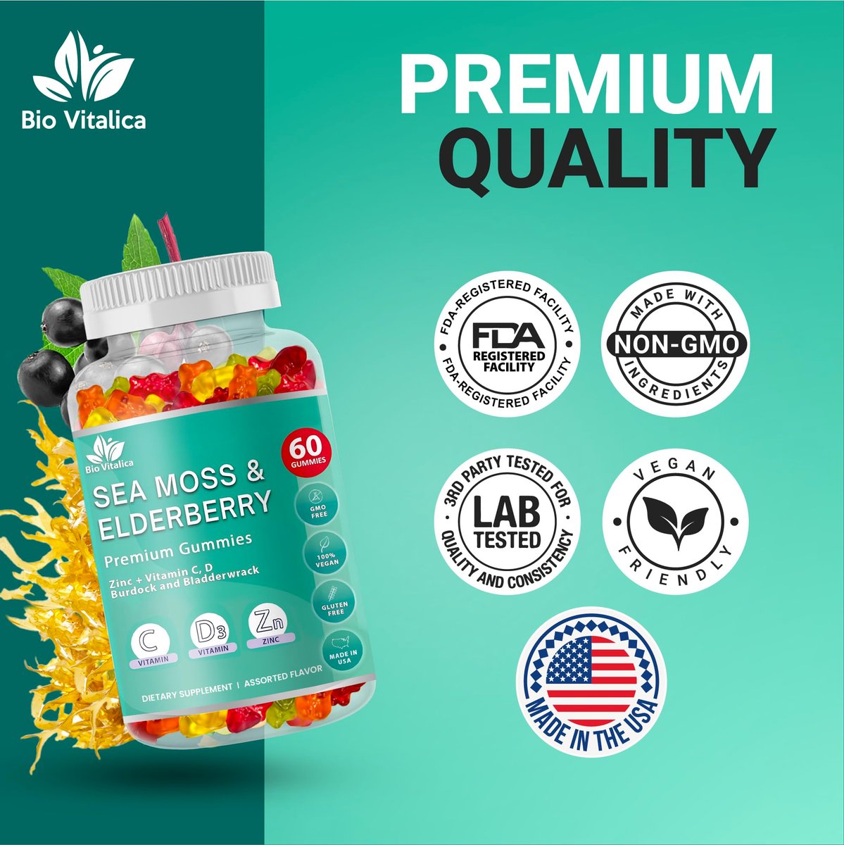 BIO VITALICA Irish Sea Moss Gummies mit Holunderbeere – USA hergestellte vegane Gummis mit Vitamin C, D & Zink – Immununterstützung mit Blasentang & Klettenwurzel für Erwachsene & Kinder – 60 Stück