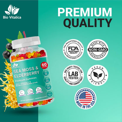 BIO VITALICA Irish Sea Moss Gummies mit Holunderbeere – USA hergestellte vegane Gummis mit Vitamin C, D & Zink – Immununterstützung mit Blasentang & Klettenwurzel für Erwachsene & Kinder – 60 Stück