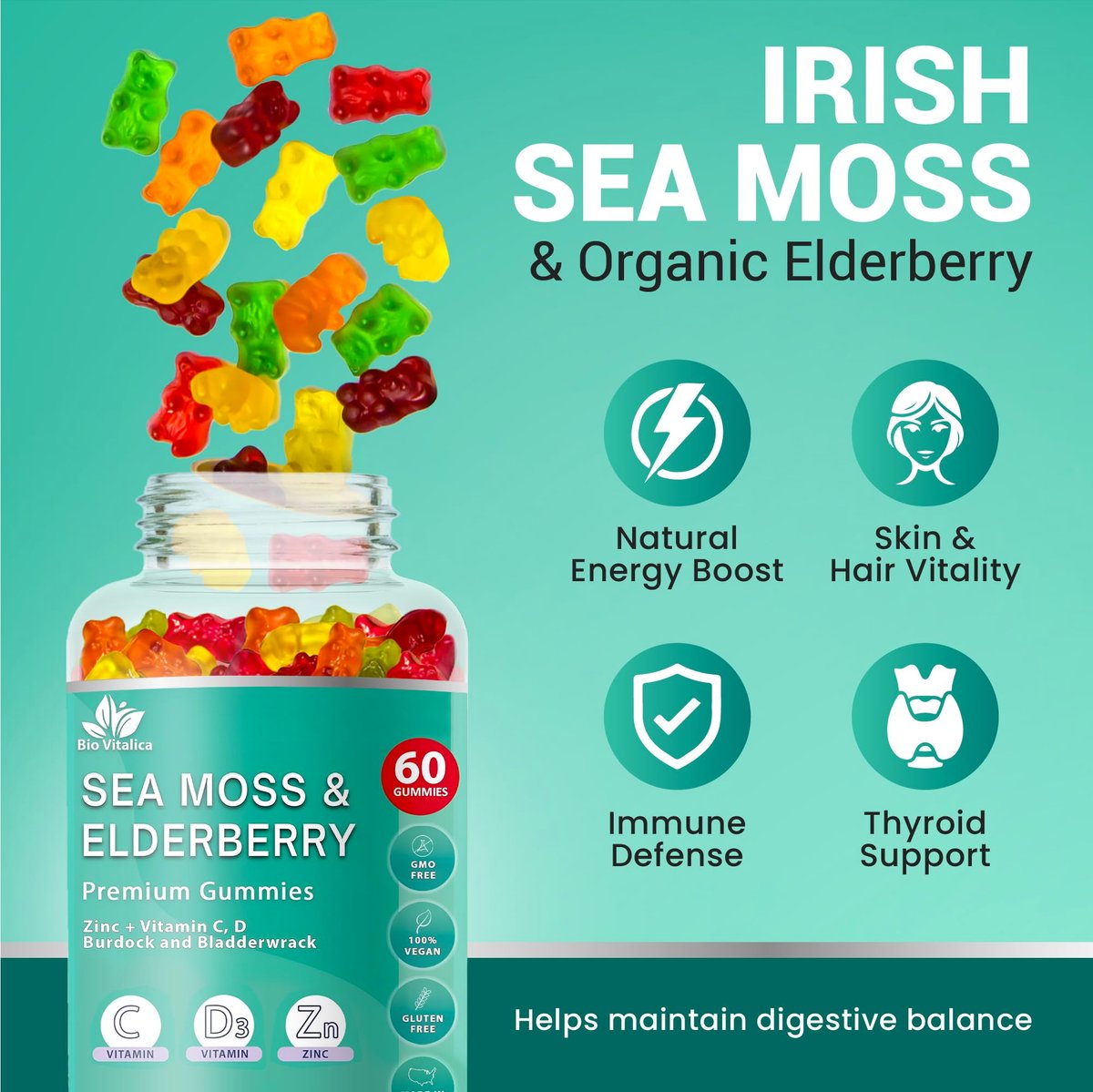 BIO VITALICA Irish Sea Moss Gummies mit Holunderbeere – USA hergestellte vegane Gummis mit Vitamin C, D & Zink – Immununterstützung mit Blasentang & Klettenwurzel für Erwachsene & Kinder – 60 Stück