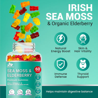 BIO VITALICA Irish Sea Moss Gummies mit Holunderbeere – USA hergestellte vegane Gummis mit Vitamin C, D & Zink – Immununterstützung mit Blasentang & Klettenwurzel für Erwachsene & Kinder – 60 Stück